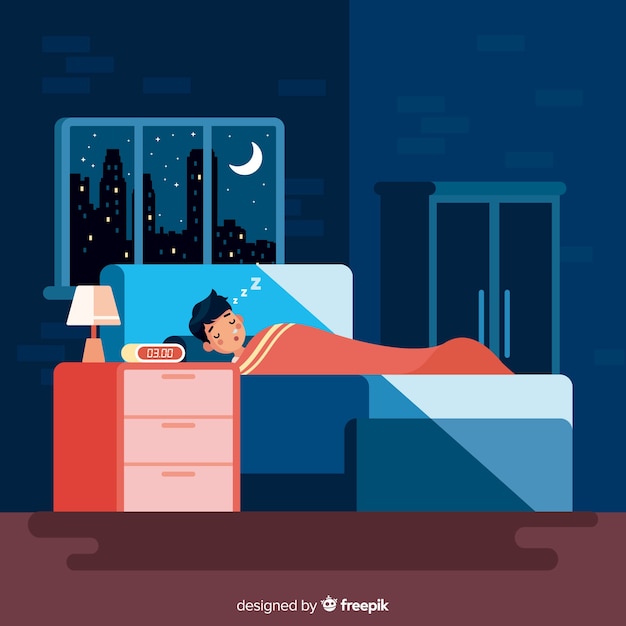 Vector person sleeping in bed in flat style