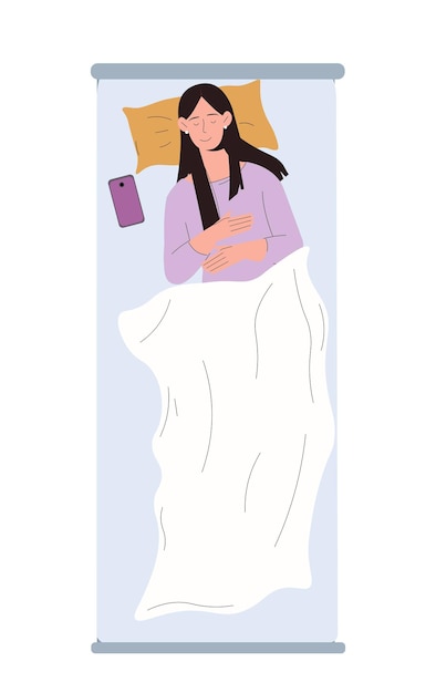 Person sleeping top view woman in violet sweater at bed rest and relax at night recuperation and