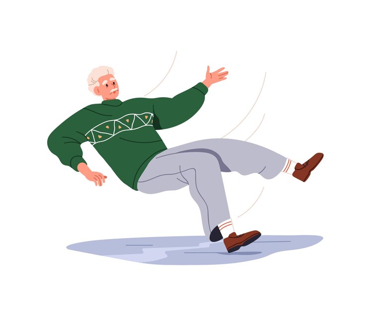Person slipping falling down Old man falls sliding on slippery wet floor Clumsy senior elderly person in accident risk injury danger Flat vector illustration isolated on white background