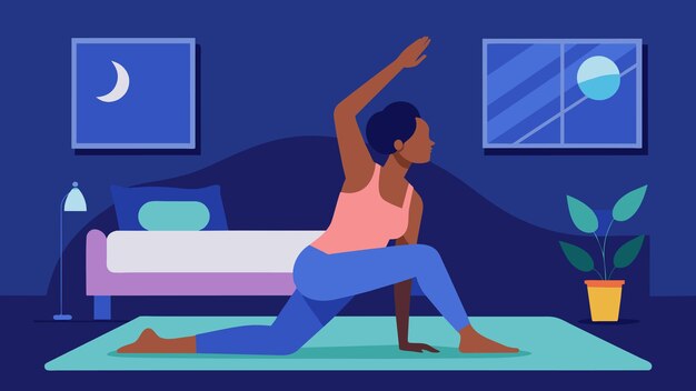 Vector a person stretching their body on a yoga mat before climbing into bed releasing tension and