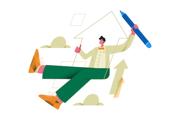 Vector person swinging on up graph with giant pencil