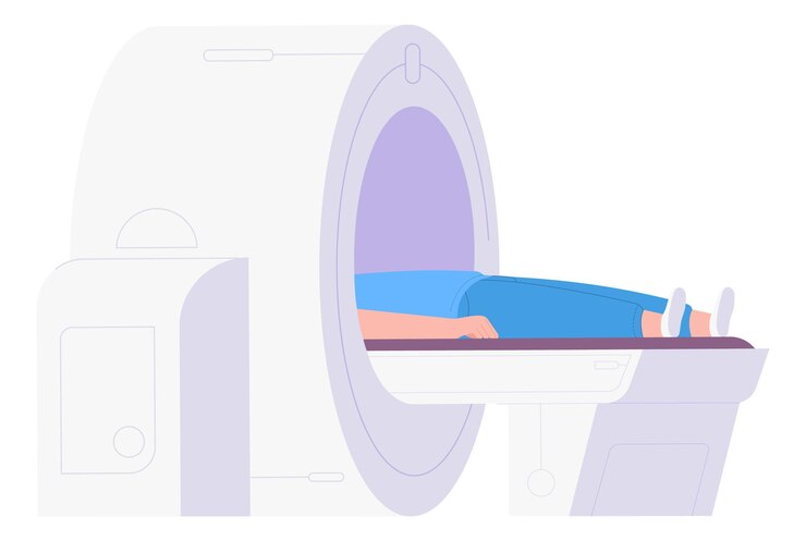 Vector person in tomography machine mri procedure in medical scanner