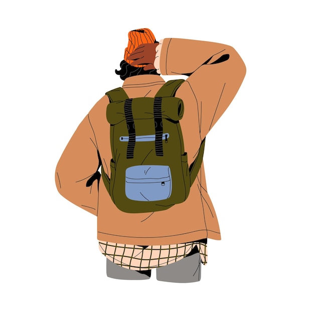 Persona che viaggia con zaino unisex in abbigliamento invernale sguardo di viaggio moderno persone con borsa da campeggio turista che cammina con cappello luminoso vista posteriore illustrazione vettoriale isolata piatta su sfondo bianco