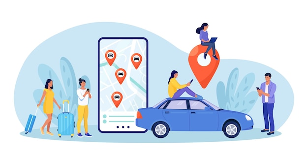 La persona utilizza il servizio di car sharing online autonomo. uomo vicino allo schermo dello smartphone con percorso e posizione dei punti dell'auto sulla mappa della città. ordinazione online taxi, noleggio auto. gruppo di persone che condividono auto