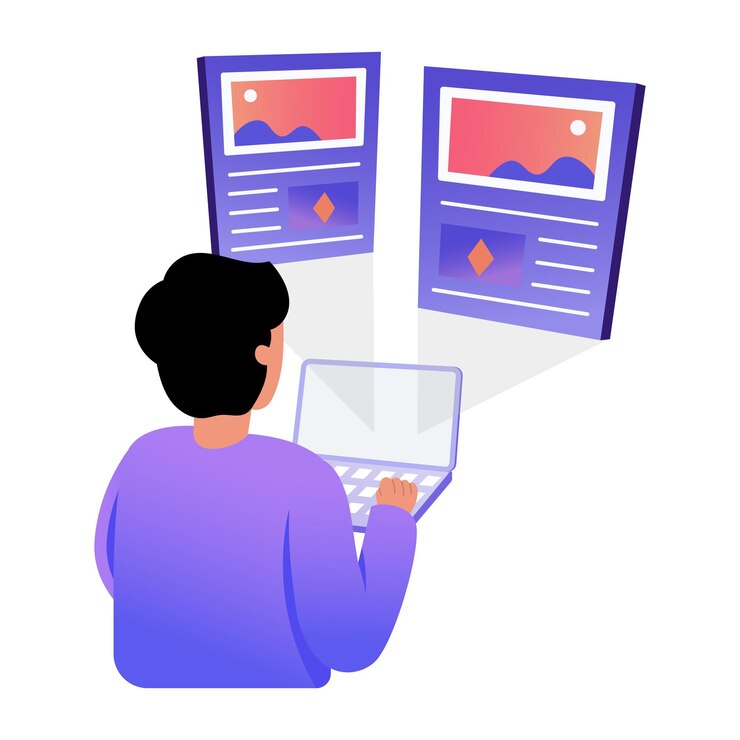 Vector person using a laptop with webpage mockups