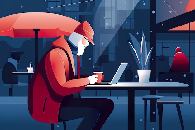 A person using a laptop to work remotely from a coffee shop or other public place Flat Vector Illustration