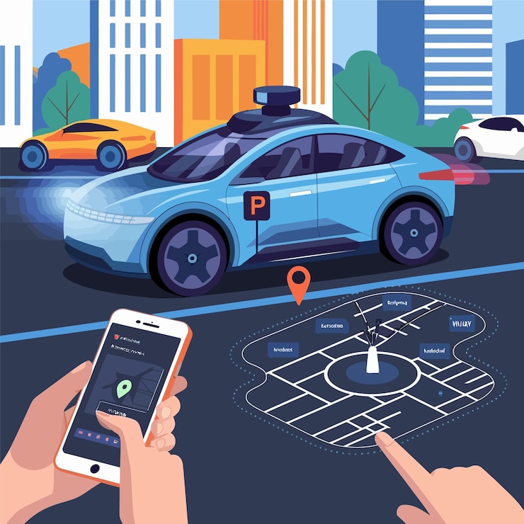 Vector a person using a smart phone with a car on the screen