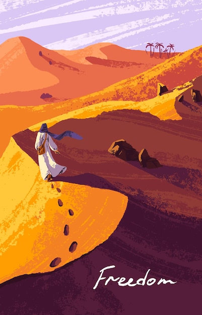 Person walking in dry desert alone bedouin back going away with footprints on sand peaceful nature landscape with character in dunes poster card freedom concept flat vector illustration