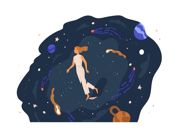 Vector person walking in unknown space, exploring and discovering mysteries. concept of studying new. woman wading through universe and searching smth. flat vector illustration isolated on white background.