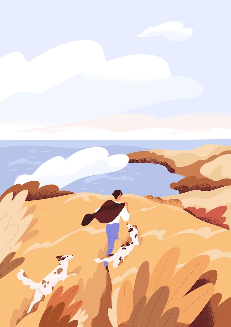 Vector person walking with dogs in peaceful autumn nature. happy man and pets outdoors, resting by sea on fall holidays. serene landscape. happiness and freedom concept. colored flat vector illustration.