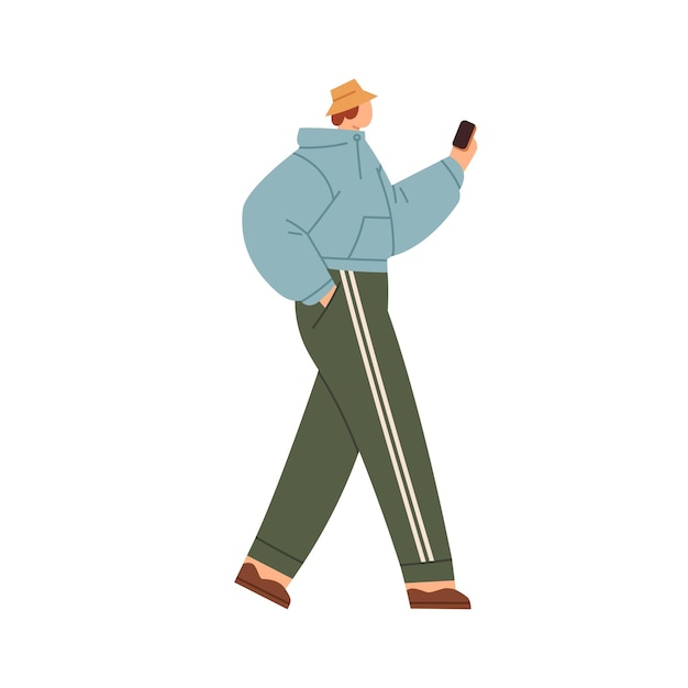 携帯電話を手に持って歩いている人。外出先でスマートフォンを使う若い男性。携帯電話を持って散歩する男、ネットサーフィン、ソーシャルメディア。白い背景に分離されたフラット ベクトル イラスト。
