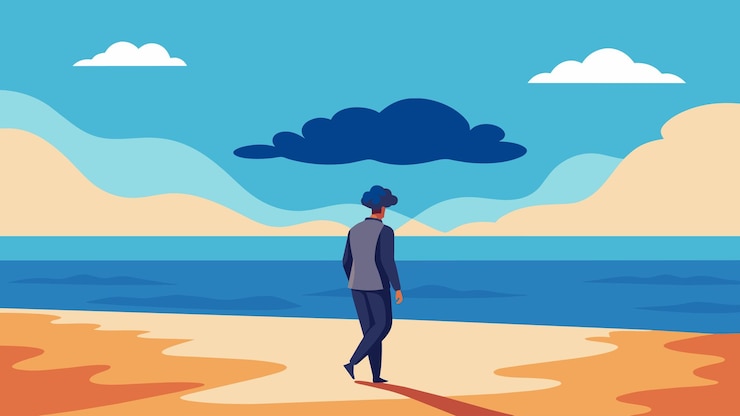 Vector a person walks along a deserted beach their mind no longer clouded with selfdoubt as they reach a