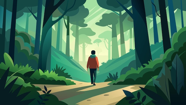 Vector a person wandering through a dense forest enjoying the peacefulness and solitude of nature vector