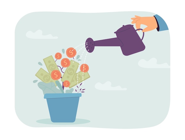 Person watering money tree flat vector illustration. man making money, investing, increasing income. growth, finance, investment, success concept for banner, website design or landing web page