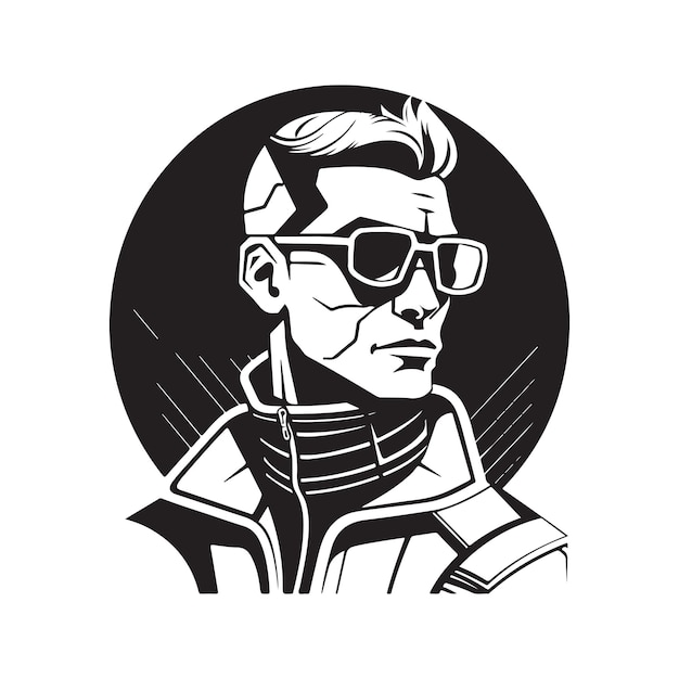 Vettore persona che indossa occhiali futuristici logo vintage linea arte concetto colore bianco e nero illustrazione disegnata a mano