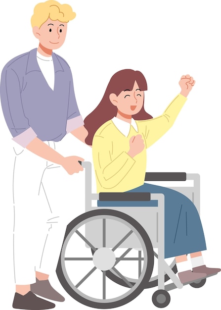 체어에 앉은 사람 과 체어를 밀는 사람