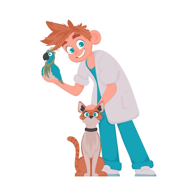 Vector a person who takes care of animals and is cute and funny is with many animals around them vector illustration