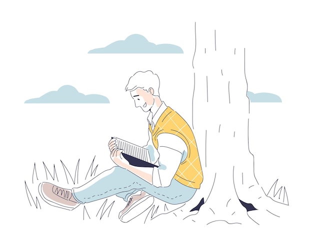person with book doodle concept man near tree with textbook or fiction useful hobby love for literature education and training cartoon flat vector illustration isolated on white background