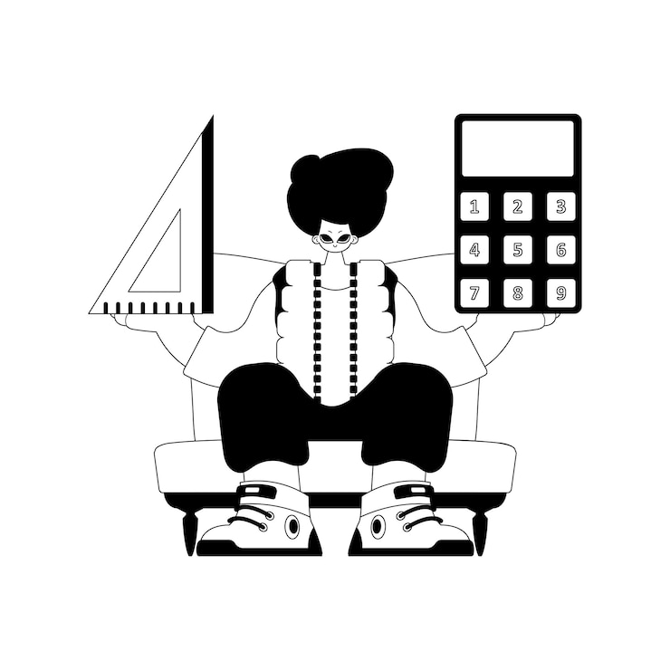 Vector person with calculator and ruler learning subject maddening and white line craftsmanship trendy style vector illustration