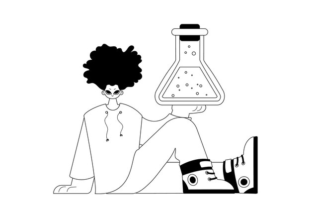 Person with a chemical carafe Learning point Dim and white line craftsmanship Trendy style Vector Illustration