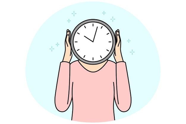Person with clock instead of head Man or woman with watch worried about missed deadline Time management Vector illustration