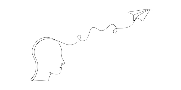 Person with confused feelings in one continuous line drawing Men head profile who worried about mental health and paper plane in simple linear style Editable stroke Doodle vector illustration