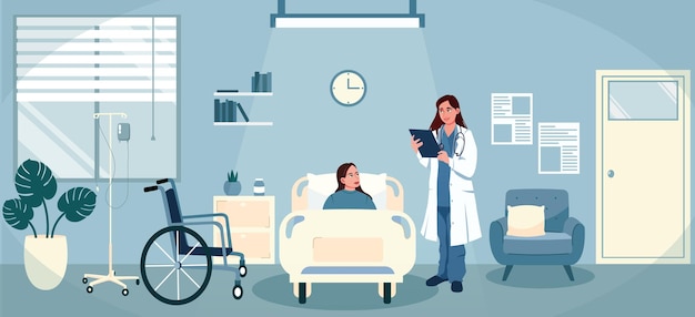 Persona con disabilità in terapia in clinica dottore che visita il paziente nel reparto infermiera che fornisce cure ospedaliere donna sdraiata a letto in camera di clinica coperta sedia a rotelle vicino al letto illustrazione vettoriale piatta
