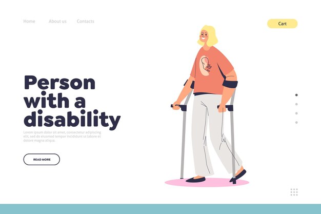 Person with disability concept of landing page with young disabled girl walking with crutches