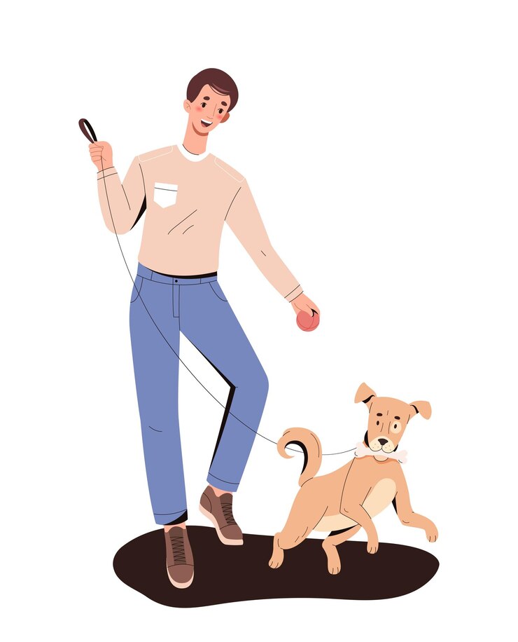 Vector person with dog man with fluffy puppy at leash owner with domestic animal walk outdoor love and care for pet template and layout cartoon flat vector illustration isolated on white background