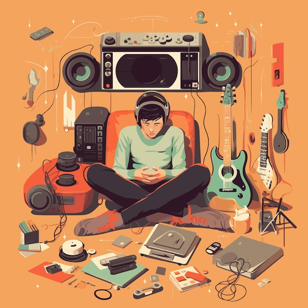 Vector person with headphones asleep on floor