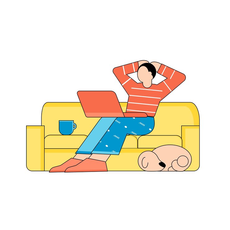 노트북을 가진 사람이 집에서 쉬고 있다