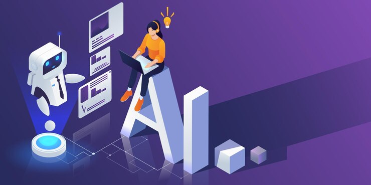 Vector a person with a laptop sits on large ai letters next to a robot with charts and a lightbulb on a purple background concept of artificial intelligence vector illustration