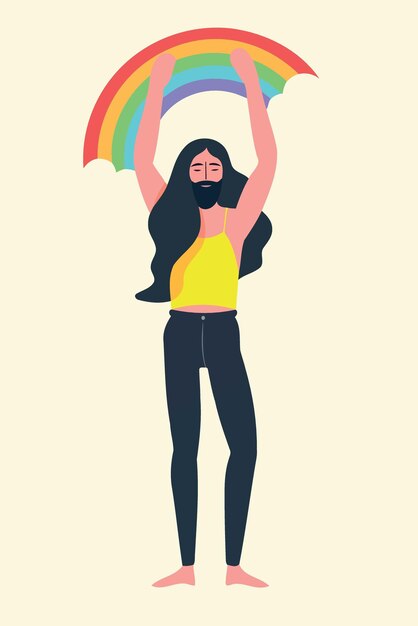 Vector person with long hair and beard holding rainbow