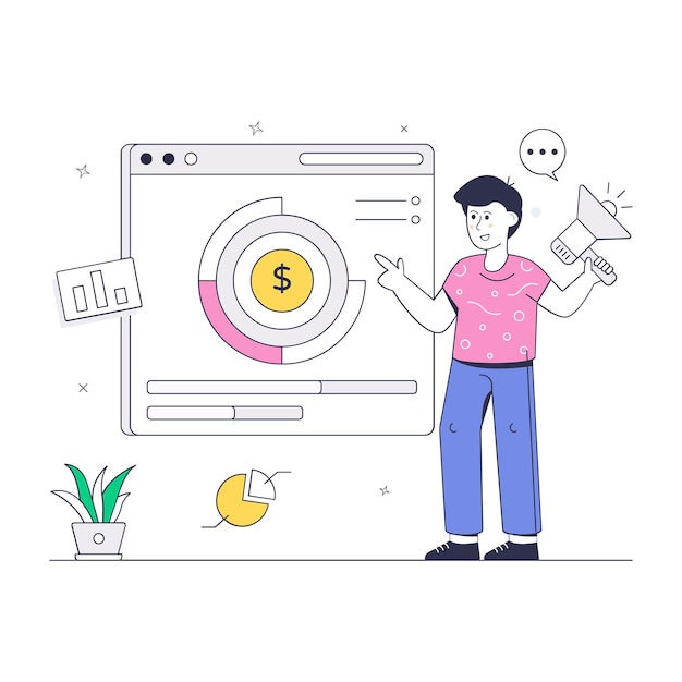 Person with megaphone and dollar showing the concept of financial marketing flat illustration