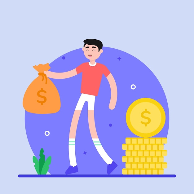Person with money sack and coins illustration of flat money