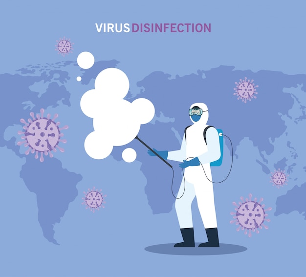 Person with protective suit for spraying the covid-19 with world map, disinfection virus concept