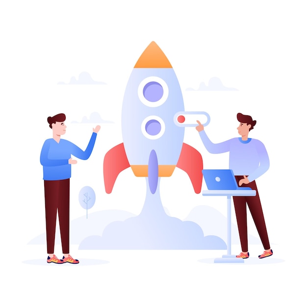 Person with rocket concept of startup flat illustration