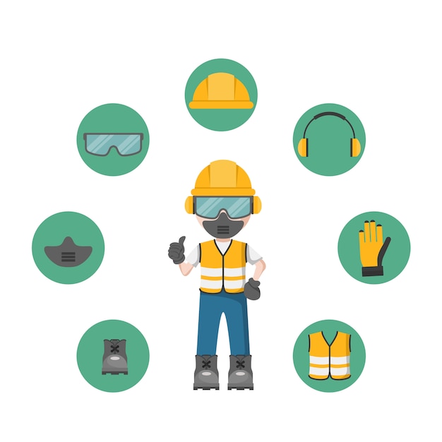 Person with your personal protection equipment and industrial safety icons