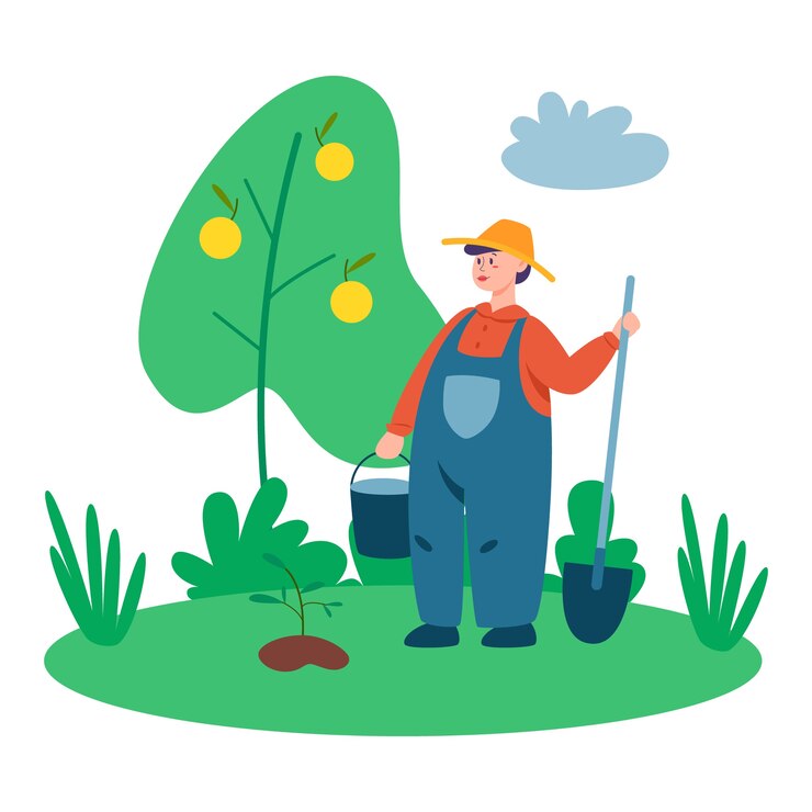 Vector person working on a fram. farmer working on the field with pitchfork and shovel. living in the village. isolated vector flat illustration