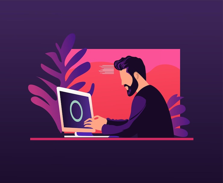 Vector person working on laptop flat colorful illustration editable eps