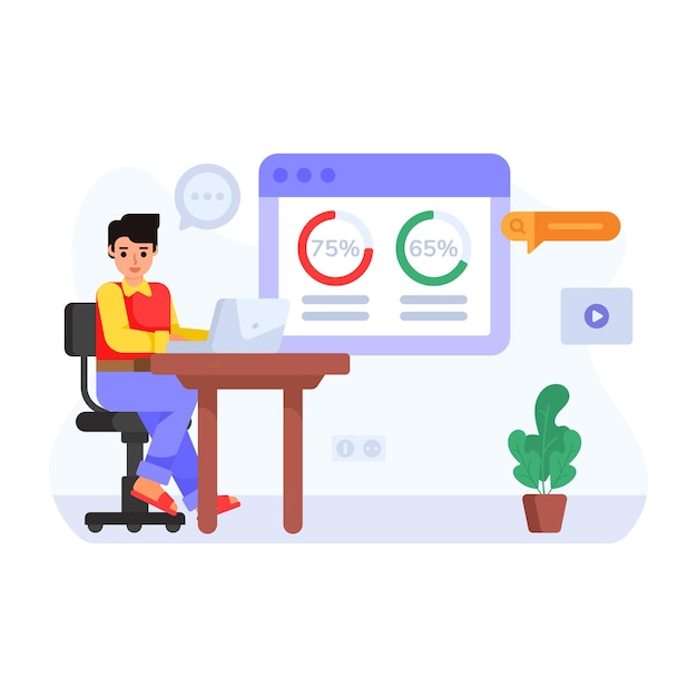 Person working online flat character illustration of seo monitoring