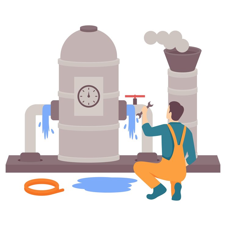 Vector person working on operational fire tube boilers concept heating engineer replacing pressure valve