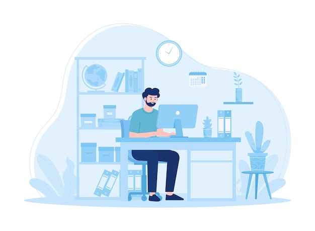 a person works on a work project at a desk using a computer trending concept flat illustration