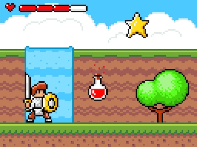 Personage or character of pixel game knight wearing armor with sword near poison star bonus