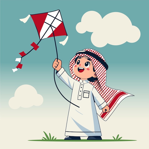 personage van een Saoedisch Arabisch kind dat met een vlieger speelt