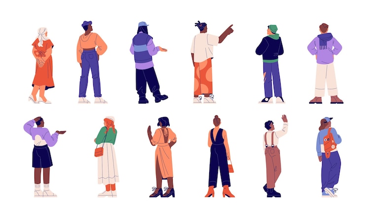 Vector personages achteruitzicht set mensen staan achterover gekeerd diverse mannen vrouwen van achteren gebaren met handen kijken naar platte vector illustraties geïsoleerd op witte achtergrond