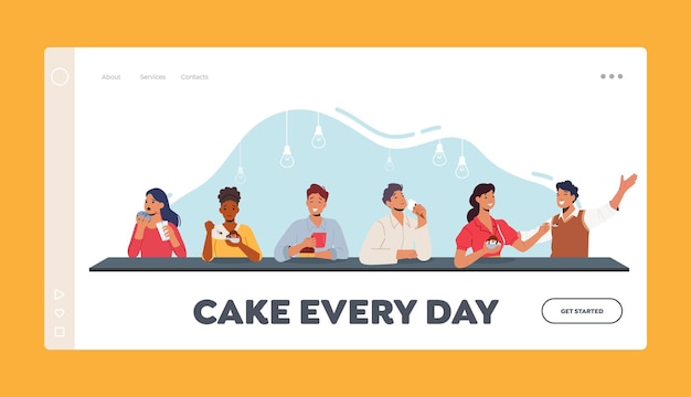 Personages die genieten van suikervoedsel Bestemmingspaginasjabloon Mensen die taarten eten Donuts en ijsdesserts in café