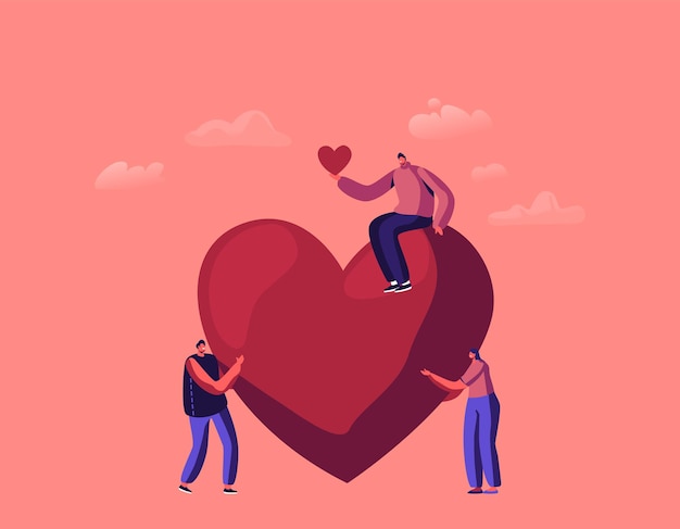 Personages doneren illustratie tiny men and woman give hearts