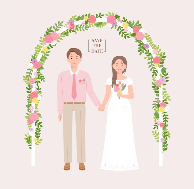 Personages van bruid en bruidegom hand in hand onder een boog versierd met bloemen
