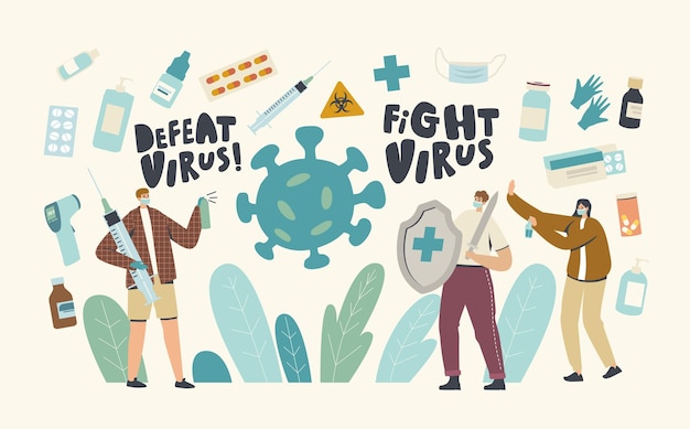 Personages vechten met virus concept. mensen die schild en spuit vasthouden en ontsmettingsmiddelen gebruiken die beschermen tegen besmettelijke infecties. gezondheidsimmunisatie, medische vaccinatie. lineaire vectorillustratie